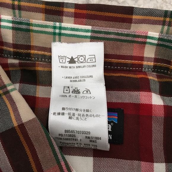 Patagonia Organic Cotton Red White Green Plaid Button Down Shirt Men's Size M - Picture 5 of 11